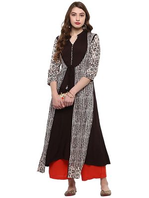 Black Abstract Cotton V-neck Kurti