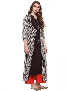 Black Abstract Cotton V-neck Kurti