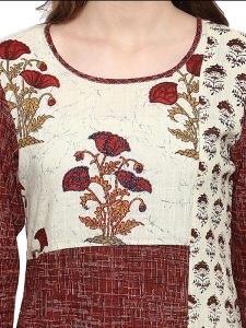 Brown Floral Cotton Round Neck Kurti