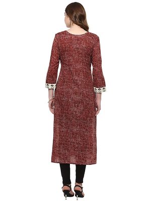 Brown Floral Cotton Round Neck Kurti