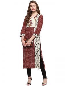 Brown Floral Cotton Round Neck Kurti