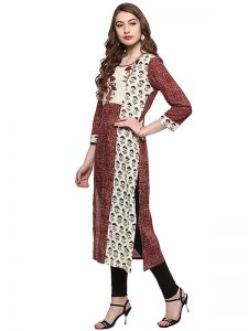 Brown Floral Cotton Round Neck Kurti