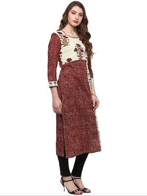 Brown Floral Cotton Round Neck Kurti