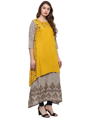 Yellow Solid Viscose Rayon Round Neck Kurti