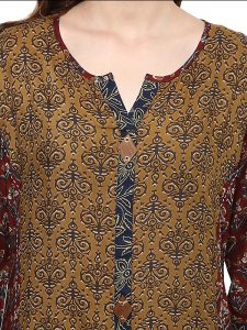 Brown Floral Viscose Rayon Round Neck Kurti