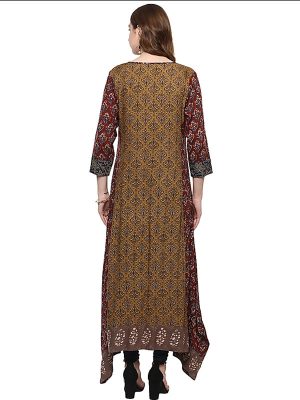 Brown Floral Viscose Rayon Round Neck Kurti