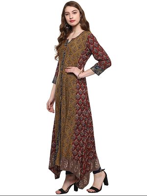 Brown Floral Viscose Rayon Round Neck Kurti