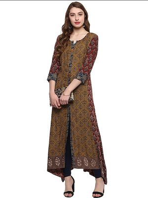 Brown Floral Viscose Rayon Round Neck Kurti