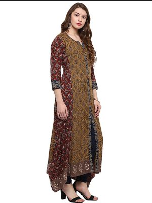 Brown Floral Viscose Rayon Round Neck Kurti