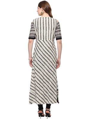 White Abstract Viscose Rayon Round Neck Kurti