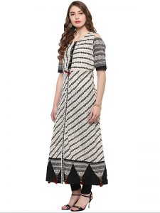 White Abstract Viscose Rayon Round Neck Kurti