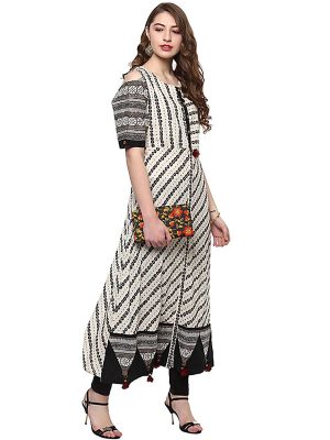 White Abstract Viscose Rayon Round Neck Kurti