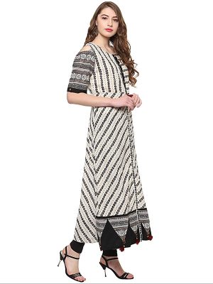 White Abstract Viscose Rayon Round Neck Kurti