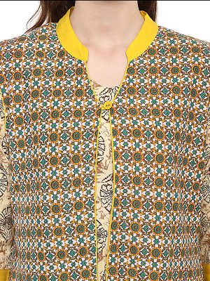 Yellow Floral Cotton Round Neck Kurti