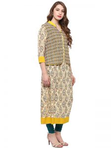 Yellow Floral Cotton Round Neck Kurti