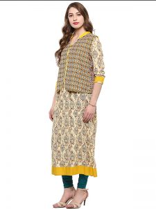 Yellow Floral Cotton Round Neck Kurti