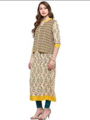 Yellow Floral Cotton Round Neck Kurti