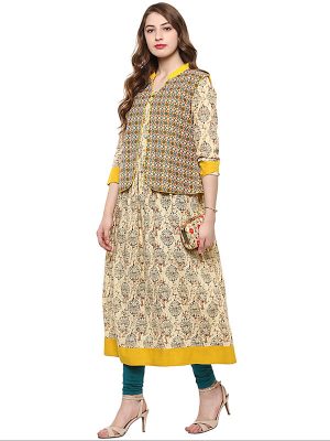 Yellow Floral Cotton Round Neck Kurti