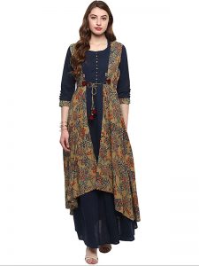 Black Floral Cotton Round Neck Kurti