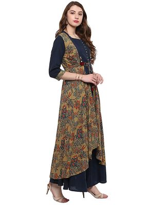 Black Floral Cotton Round Neck Kurti