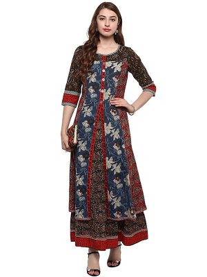 Blue Floral Cotton Round Neck Kurti