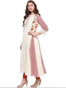 White Floral Cotton Scoop Neck Kurti