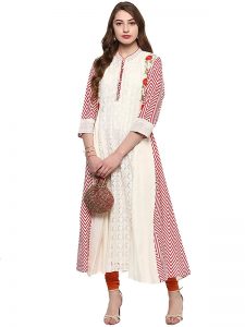 White Floral Cotton Scoop Neck Kurti