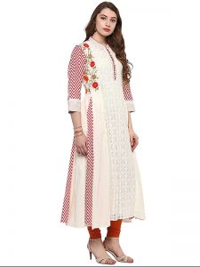 White Floral Cotton Scoop Neck Kurti