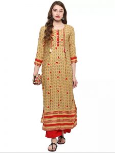 Yellow Abstract Cotton Round Neck Kurti