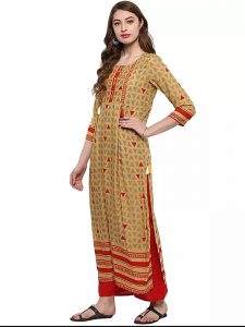 Yellow Abstract Cotton Round Neck Kurti