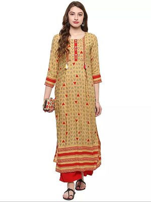 Yellow Abstract Cotton Round Neck Kurti