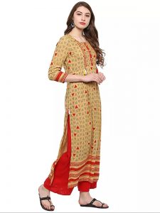 Yellow Abstract Cotton Round Neck Kurti