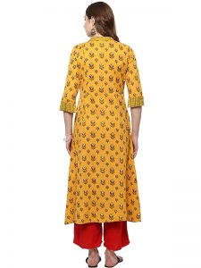 Yellow Floral Cotton Scoop Neck Kurti