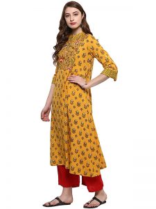 Yellow Floral Cotton Scoop Neck Kurti