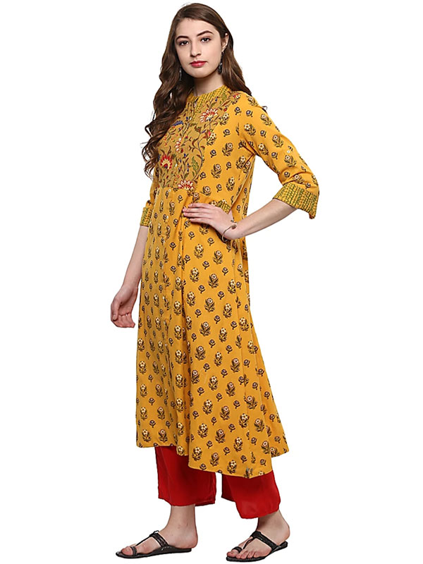Yellow long kurti with floral prints and adda work - Kurti Fashion