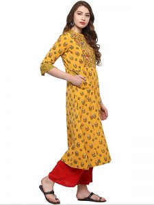 Yellow Floral Cotton Scoop Neck Kurti