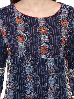 Blue Floral Cotton Round Neck Kurti