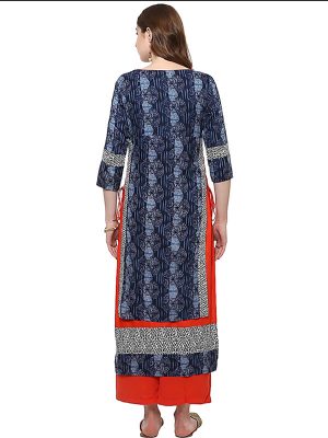 Blue Floral Cotton Round Neck Kurti