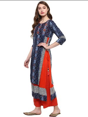 Blue Floral Cotton Round Neck Kurti