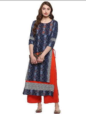 Blue Floral Cotton Round Neck Kurti