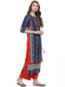 Blue Floral Cotton Round Neck Kurti