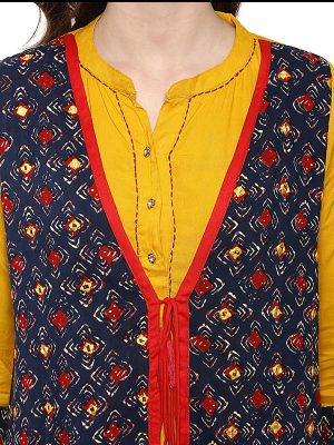 Yellow Abstract Cotton Mandarin Collar Kurti