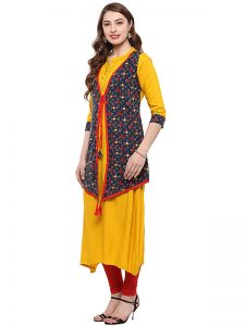 Yellow Abstract Cotton Mandarin Collar Kurti