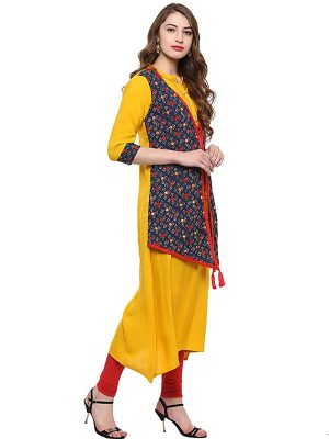 Yellow Abstract Cotton Mandarin Collar Kurti