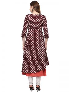 Maroon Abstract Cotton Round Neck Kurti