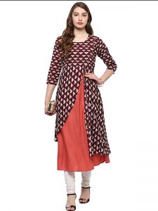 Maroon Abstract Cotton Round Neck Kurti