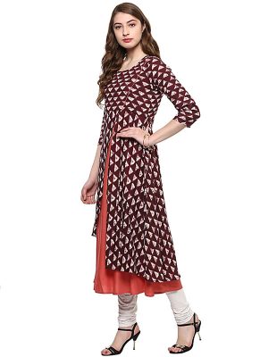 Maroon Abstract Cotton Round Neck Kurti