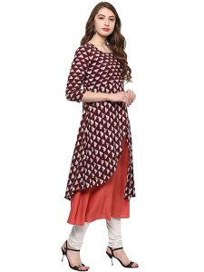 Maroon Abstract Cotton Round Neck Kurti