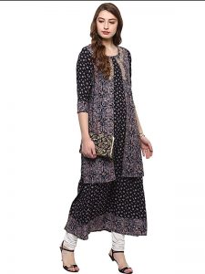 Black Floral Viscose Rayon Round Neck Kurti