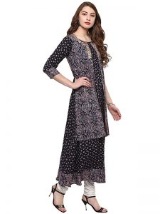 Black Floral Viscose Rayon Round Neck Kurti
